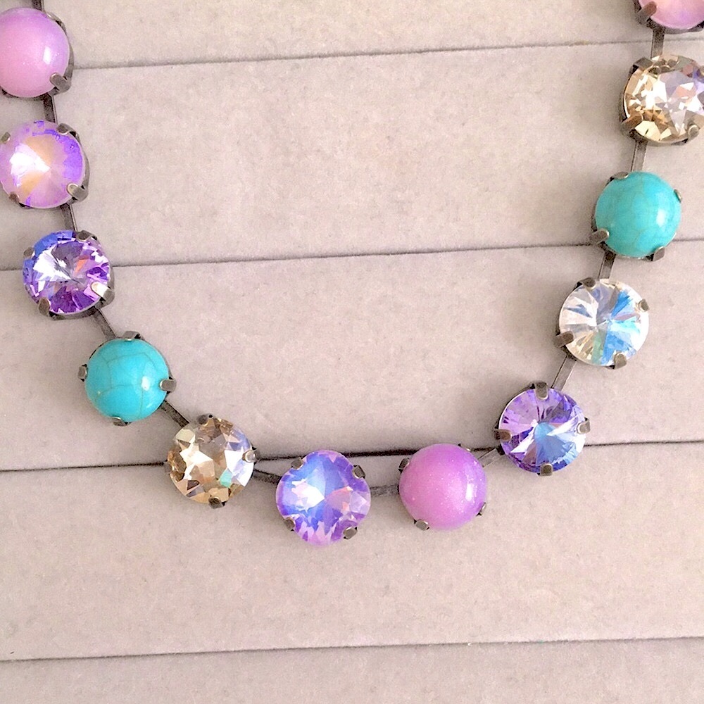 Turquoise, Lilac Purple Opal AB + Champagne Topaz Antique Brass Crystal Necklace - Picture 4 of 14